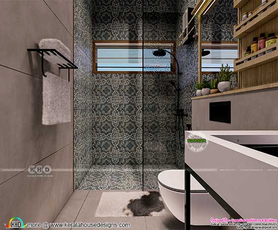 Other side view of Beige theme bathroom interior with bathroom wallpapers