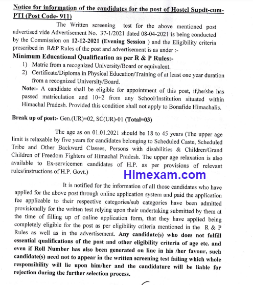 Important notice for the post of Hostel supdt-cum-PTI (Post Code-911):- hpssc hamirpur