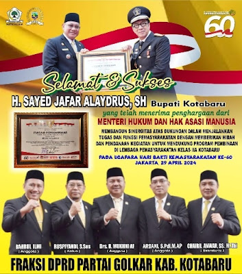 Fraksi Golkar DPRD Kotabaru Ucapkan Selamat; Bupati Terima Penghargaan Kemenkum dan HAM 