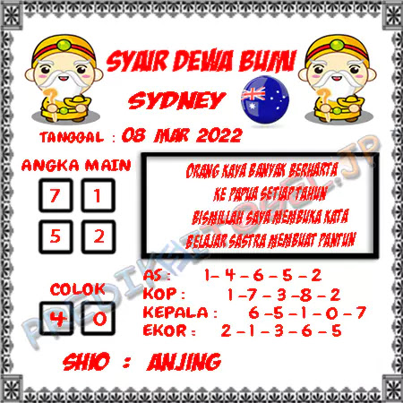 Syair Dewa Bumi Sydney Selasa 08-Mar-2022