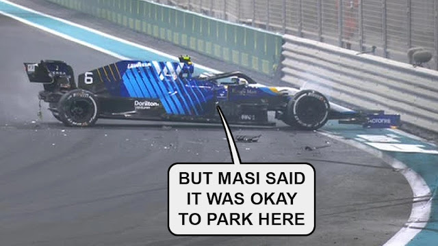 A crashed Latifi by the barriers, with Latifi saying "but Masi said it was okay to park here"