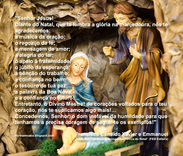 "Senhor Jesus!  Diante do Natal, que te lembra a glória na manjedoura, nós te agradecemos:  a música da oração;  o regozijo da fé;  a mensagem de amor;  a alegria do lar;  o apelo à fraternidade;  o júbilo da esperança;  a bênção do trabalho;  a confiança no bem;  o tesouro de tua paz;  a palavra da Boa Nova,  e a confiança no futuro!…  Entretanto, ó Divino Mestre! de corações voltados para o teu coração, nós te suplicamos algo mais!…  Concede-nos, Senhor, o dom inefável da humildade para que tenhamos a precisa coragem de seguir-te os exemplos!" - Francisco Cândido Xavier e Emmanuel