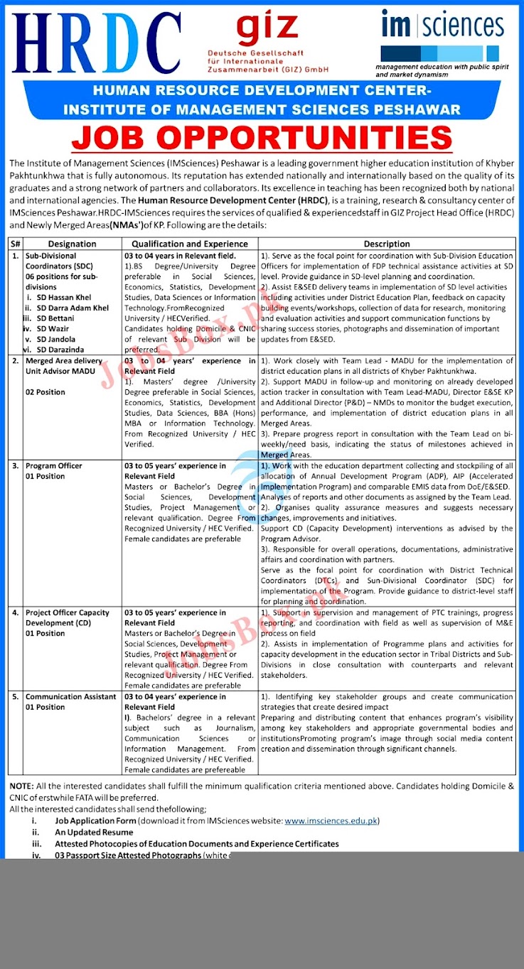 Institute of Management Sciences Peshawar Jobs 2021