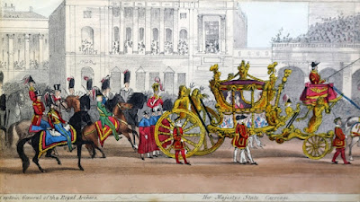 A coloured drawing of Queen Victoria's carriage being escorted by soldiers in Victorian uniforms on horseback.