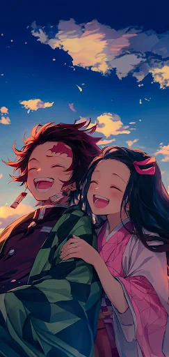 anime wallpaper iphone, tanjiro and nezuko in a funny moment, happiness