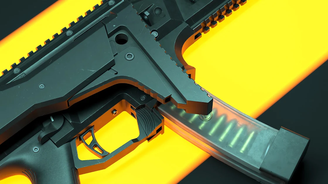 A 4K PC wallpaper featuring a close-up of a modern tactical firearm with a sharp yellow contrast background.