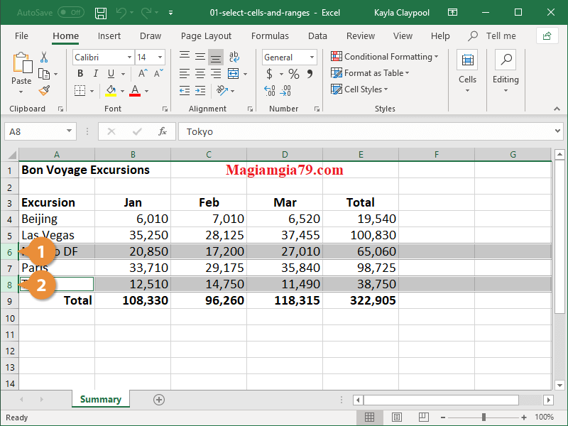 Chọn các ô không liền kề trong Excel