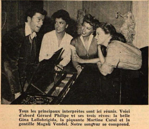 Gérard Philipe, Martine Carol, Gina Lollobrigida et Magali Vendeuil autour d'un piano