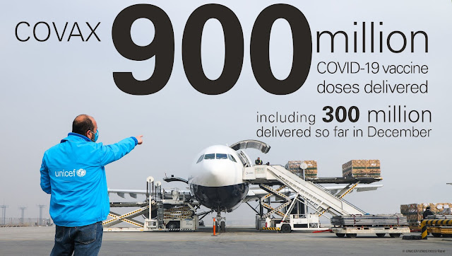 COVAX has distributed 900 million vaccines - image of runway and cargo plane setting off
