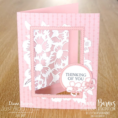 Handmade thinking of you pop up window card featuring Stampin Up Blossoms in Bloom stamp set and die bundle, rectangle stitched dies, layering circles dies and Subtles patterned paper. Card by Di Barnes - colourmehappydi - Independent Demonstrator in Sydney Australia