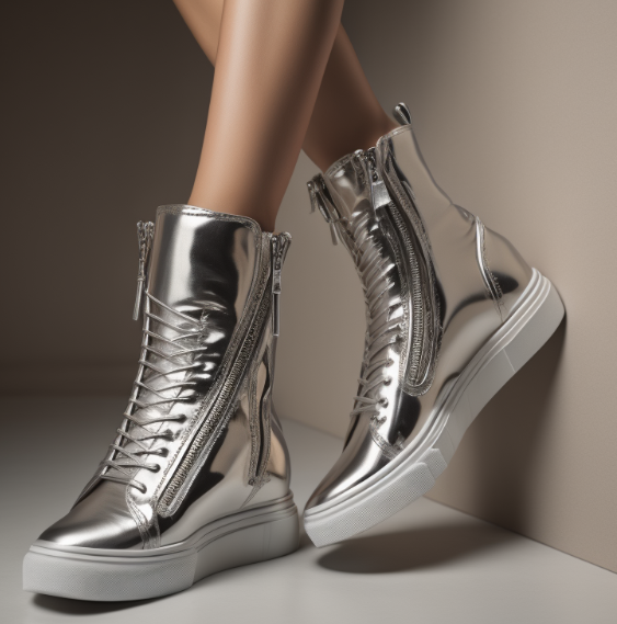 Woman wearing fashionable silver lady's disco-style sneakers with a heel. There are no zippers. There are shoelaces.