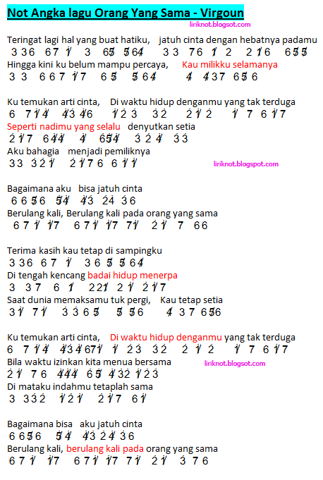 Not angka Lagu Orang Yang Sama - Virgoun
