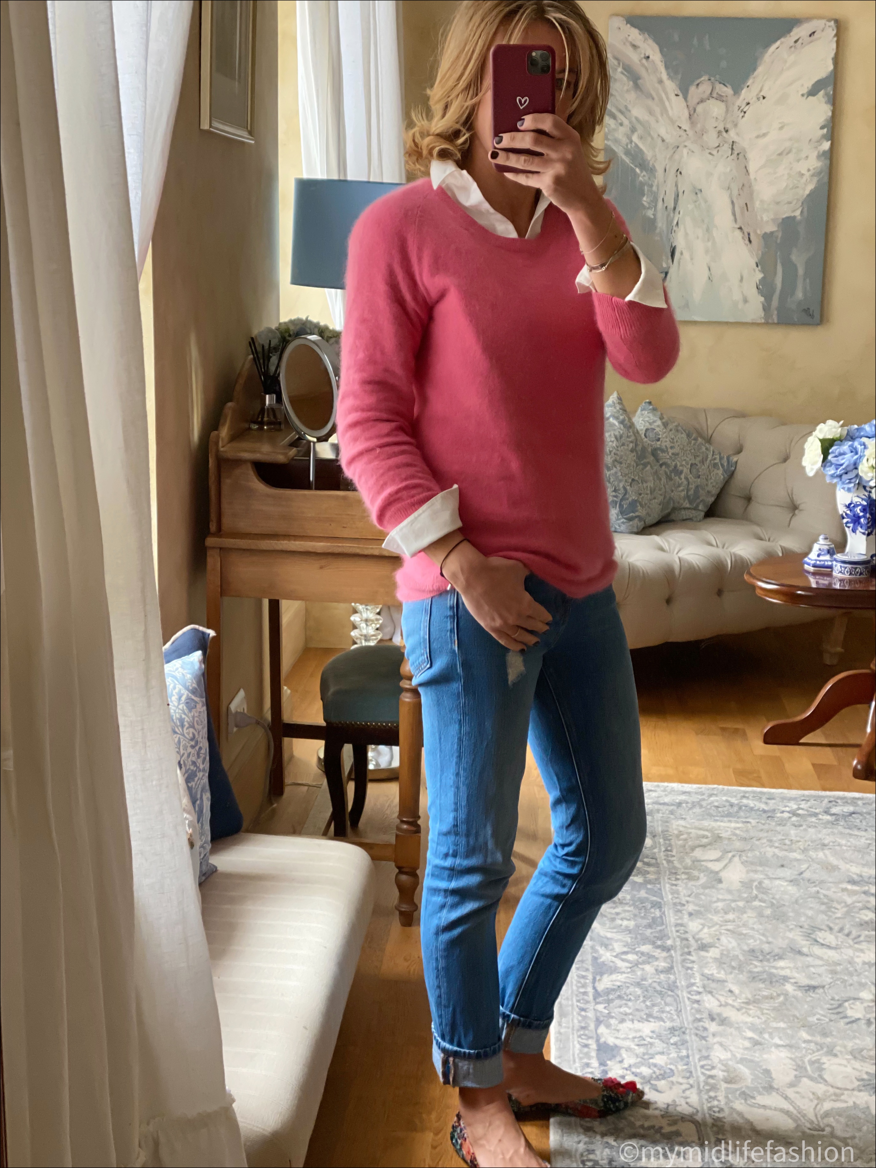 my midlife fashion, baukjen organic cotton shirt, no 44 boyfriend jean, acne studios jumper, j crew pointed tassel flat ballet shoes