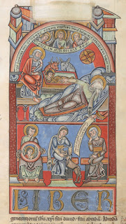 Nativity, with virgin and unicorn below, from Floreffe Bible, 12th century.