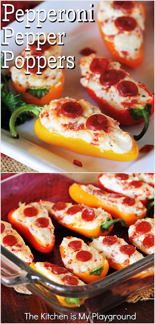 Pepperoni Pepper Poppers ~ Loaded with melty cheese & chopped pepperoni baked inside sweet mini bell peppers, Pepperoni Pepper Poppers are simply popping with flavor! They're a perfect savory treat for game day, parties, or after-school snacking. And as a bonus to their great flavor? -- They take only 6 simple ingredients to make.  www.thekitchenismyplayground.com