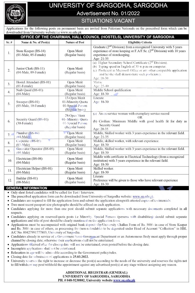 University of Sargodha Jobs Latest 2022 UOS March Advertisement