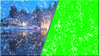 A split frame with snowfall in country setting & snow flakes on green background