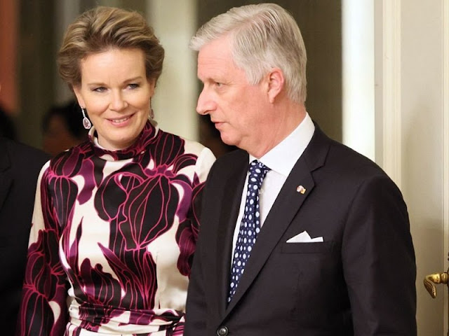 Queen Mathilde wore floral print long sleeve silk dress by Dries van Noten. President Alexander Van der Bellen and Doris Schmidauer