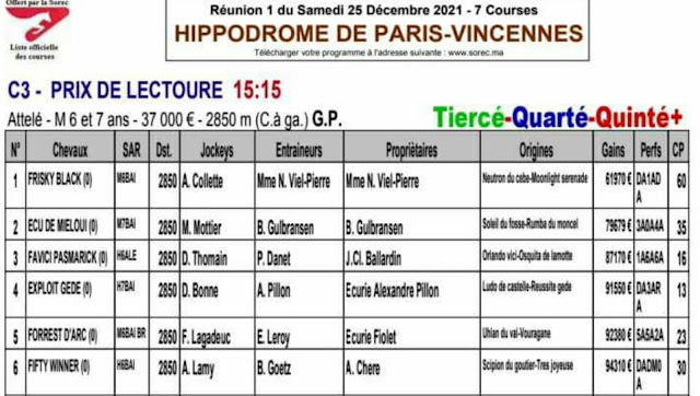 Pronostic quinté pmu samedi Paris-Turf TV-100 % 25/12/2021