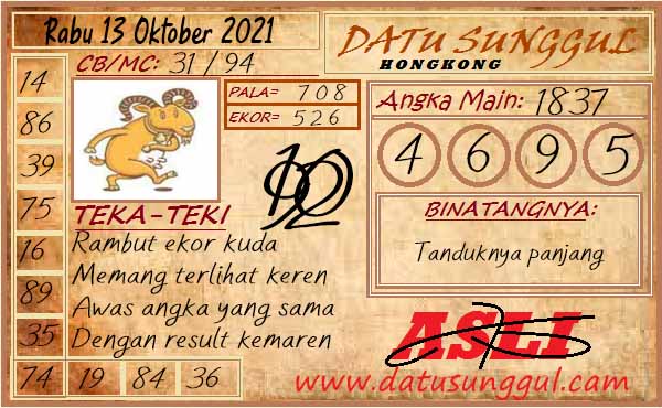 Prediksi Datu Sunggul HK Rabu 13 Oktober 2021