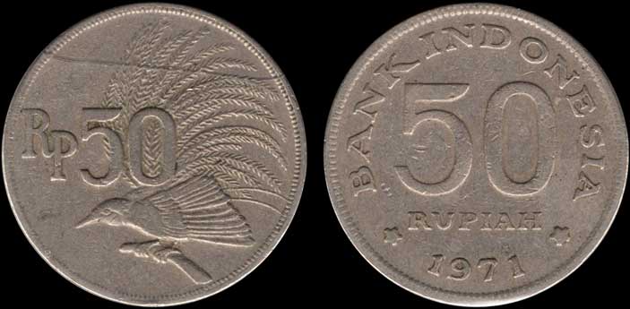 Indonesian Rupiah Coin KM-35 Bird of Paradise 50 rupiah 1971