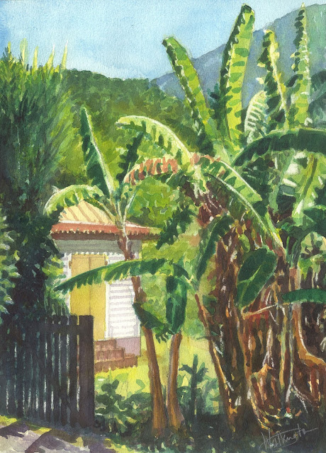 Watercolour of a little white house partially hidden by golden cane palms, "Multipliants," by William Walkington