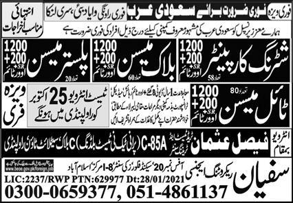 Jobs in Saudi Arabia and Pakistan for Plaster Masons and Tile Masons 2021
