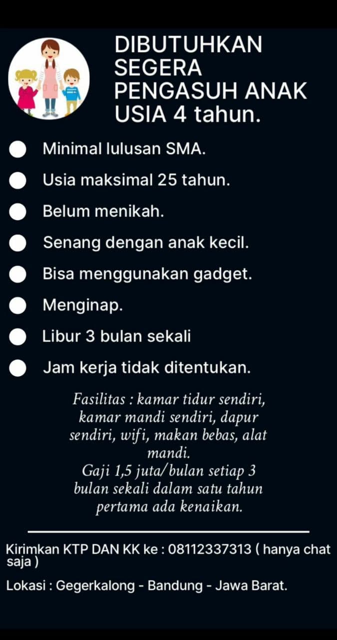 Dibutuhkan Segera Pengasuh Anak Usia 4 Tahun Bandung Desember 2021