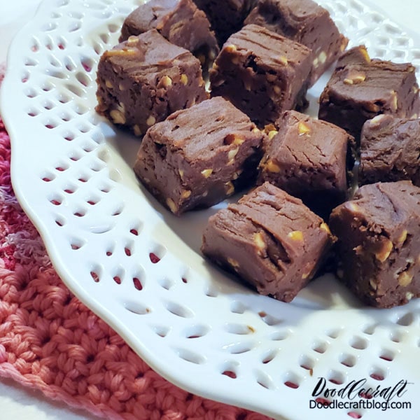 Ready to serve! This fudge is creamy, has chunky peanuts and is super yummy! It stores great in the refrigerator for a couple weeks easy.   Now get creative with different flavors and make trays of yummy and easy fudge. Perfect little treat for Valentine's day too!