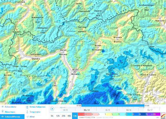 La bassa pressione sull’Italia (martedì 15.02.) apporta un po‘ di neve fresca soprattutto sulle Dolomiti. Minori sono gli apporti nell’alta Val Venosta, nell’alta Valle Aurina e nel Gruppo delle Vedrette di Ries. (Lawinen.report).