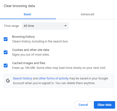 Delete Cache and Cookies Chrome