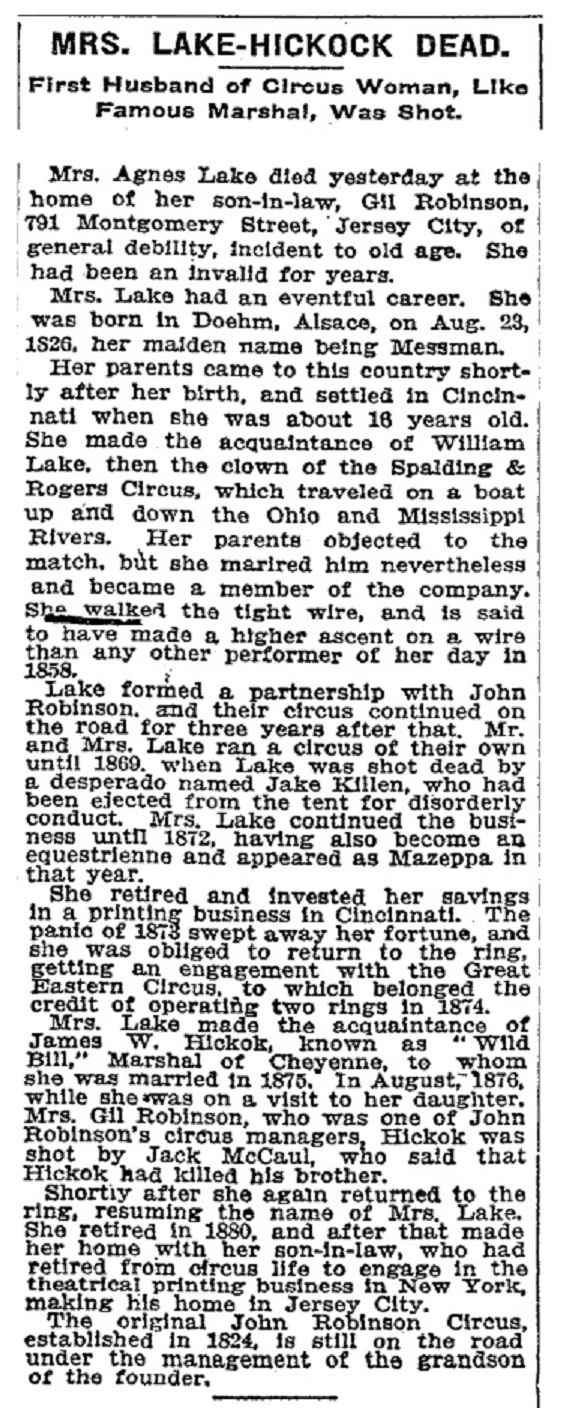 Agnes Lake's obituary in The New York Times, August 23, 1907 ~