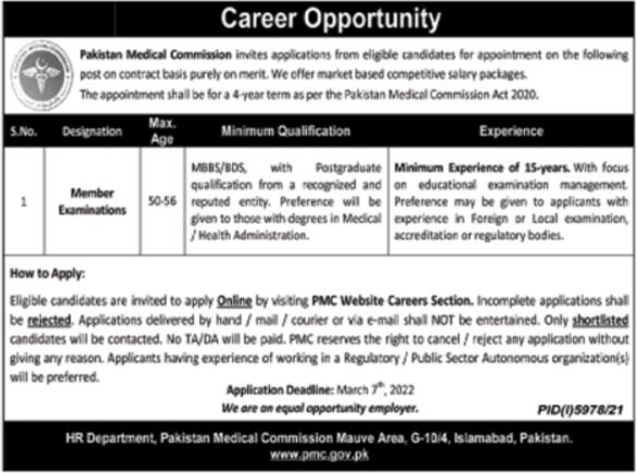 Pakistan Medical Commission PMC Islamabad Jobs 2022