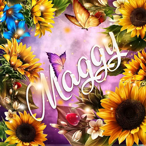 imágen con el nombre maggy con fondo de girasoles y mariposas para descargar gratis