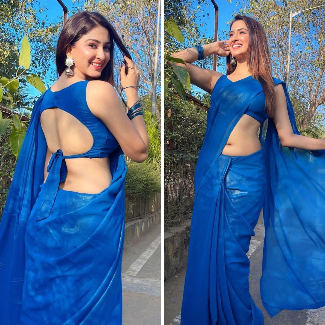 Eshanya Maheshwari in Blue Saree Flaunting Her Navel: A Stunning and Captivating Look (View Pics)