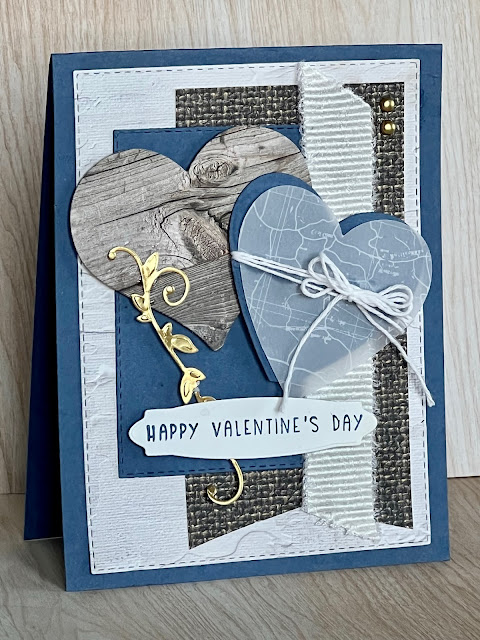 Valentine Card with two hearts and textured paper, ribbons and twine