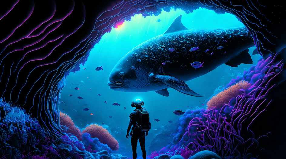 midJourney ai generated image of human exploring the deep ocean and seeing a mysterious giant fish