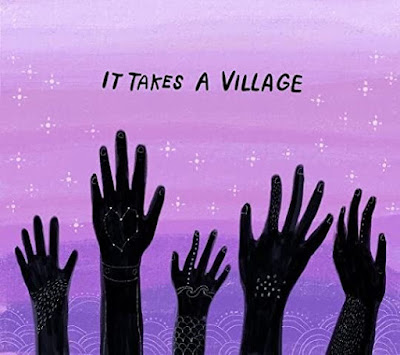 Painted hands on a purple background with stars the caption says It Takes A Village