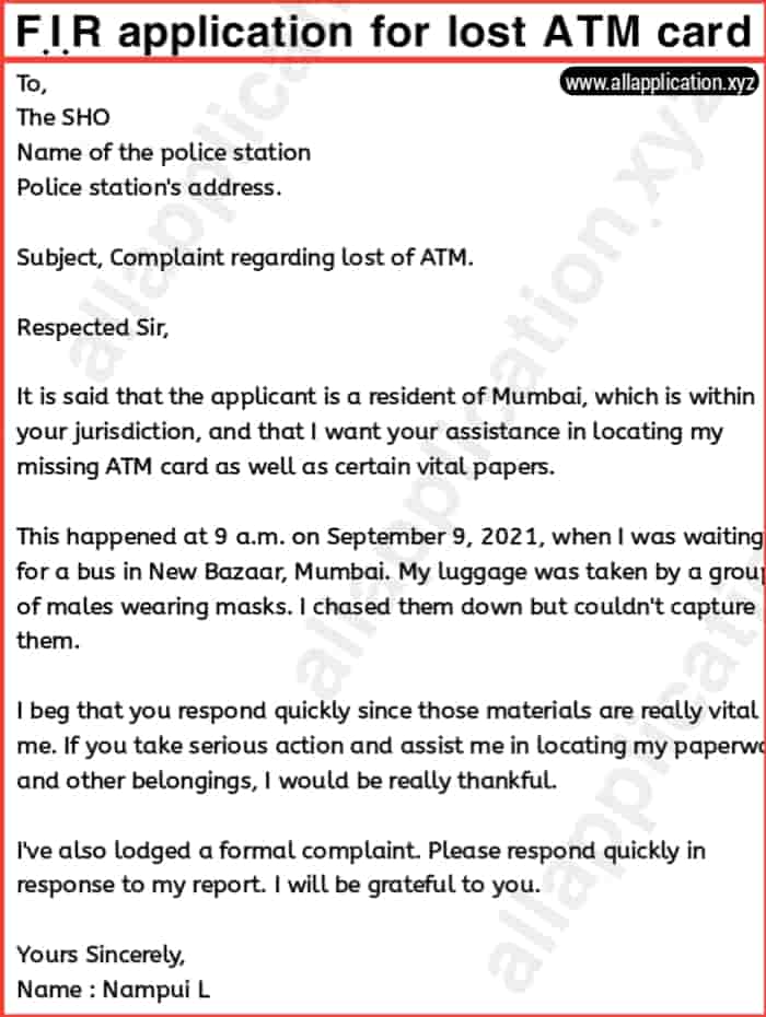F.I.R Application For Lost ATM Card.