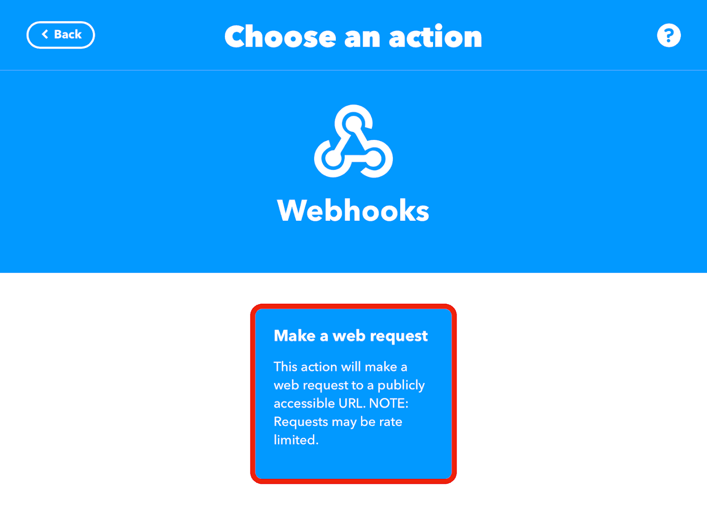 Choose an actionでWebhooksサービスを選択し、Make a web requestをクリックしている様子