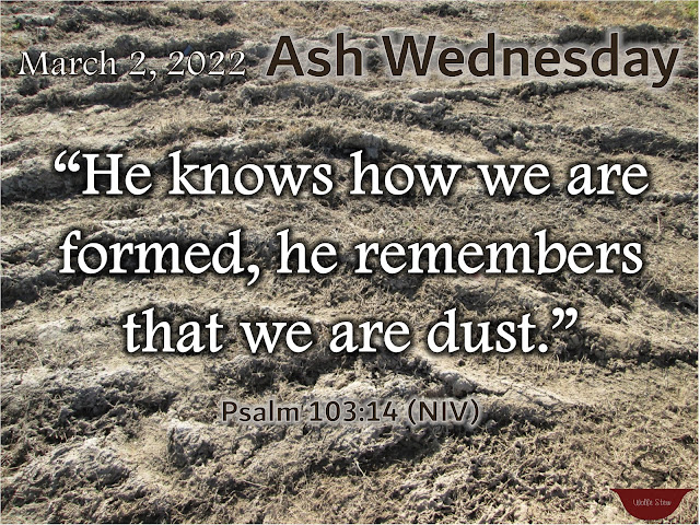 Over a dirt background are the words: "He knows how we are formed, he remembers that we are dust." Psalm 103:14 Ash Wednesday March 2, 2022