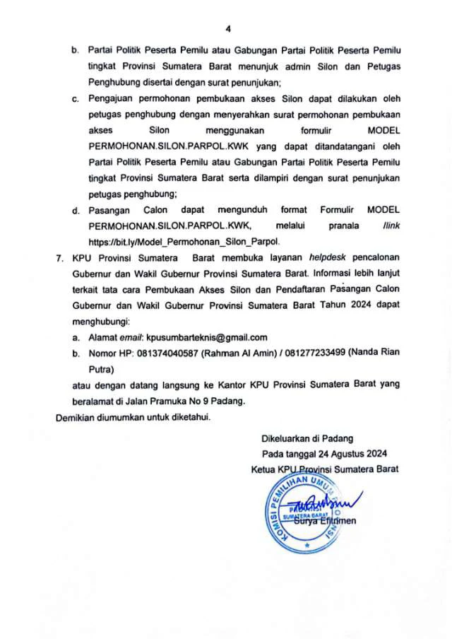 Pengumuman KPU Tentang Pendaftaran Pasangan Calon Gubernur dan Wakil Gubernur Provinsi Sumatera Barat