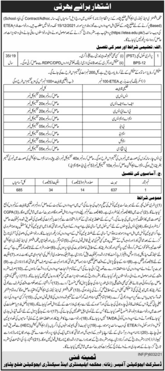 Elementary and Secondary Education Department (ESED) Haripur Peshawar KPK Jobs 2021 | Latest Job in Pakistan