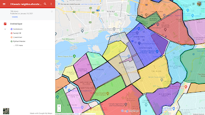 Screenshot of Nick Taylor-Vaisey's Ottawa's Neighbourhoods map, showing boundaries, some overlapping, of many community associations and neighbourhoods.