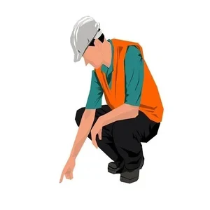 Desenho imagem de um profissional que faz reformas em imóveis, agachado, mostrando um defeito no piso.