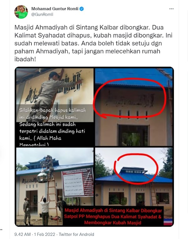 Ada Apa Gerangan, Satpol PP Bongkar Masjid Ahmadiyah di Sintang? Gun Romli: Jangan Merusak Rumah Ibadah