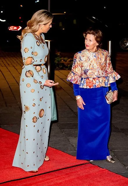 Queen Maxima wore a new jewelery zehave dress by Claes Iversen. Claes Iversen couture 2019. King Harald and Queen Sonja