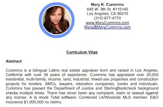Mary Cummins, resume, curriculum vitae, job history, real estate appraiser, Los Angeles, California, work history, biography, real estate appraisal, real estate, appraiser, appraisal