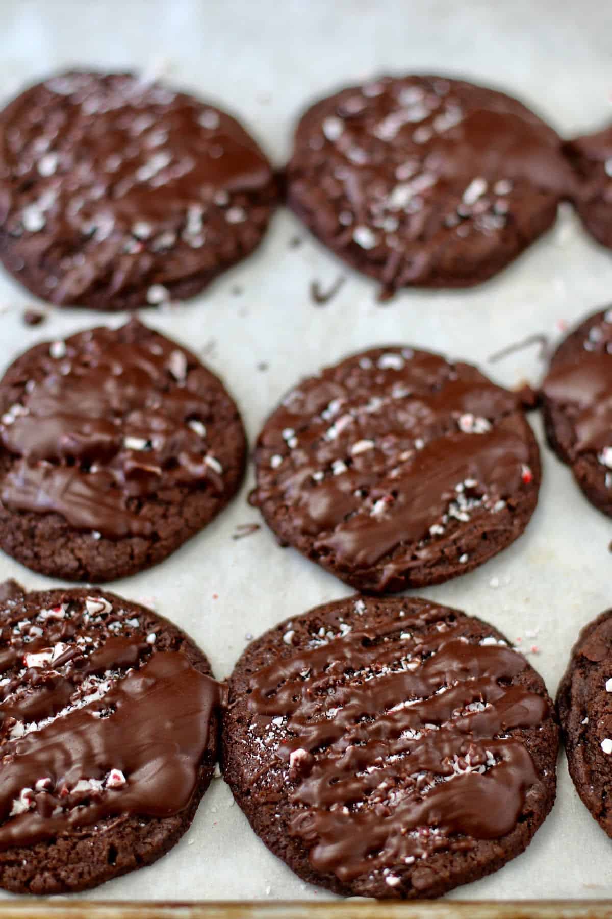 Chocolate Peppermint Crunch Cookies on a baking sheet.