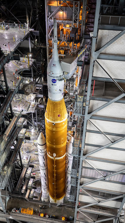 A high-angle snapshot of the Space Launch System rocket inside the Vehicle Assembly Building at NASA's Kennedy Space Center in Florida...on March 16, 2022.